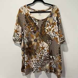 Liz & Me Floral Scoop Neck Women’s Top - Brown & Cream 3x 26/28W